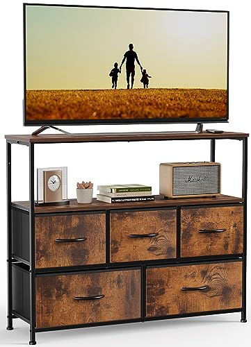 Dresser TV Stand, Entertainment Center with 5 Fabric Drawers, Media Console Table for TV with Open Storage Shelf Dresser for Bedroom/Living Room/Hallway Rustic Brown