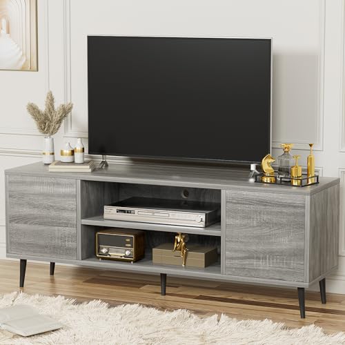 YESHOMY Modern TV Stand for 65" Television, Entertainment Center with Two Storage Cabinets, Retro Style Media Console for Living Room, Bedroom, Office, 58 Inch, Light Gray